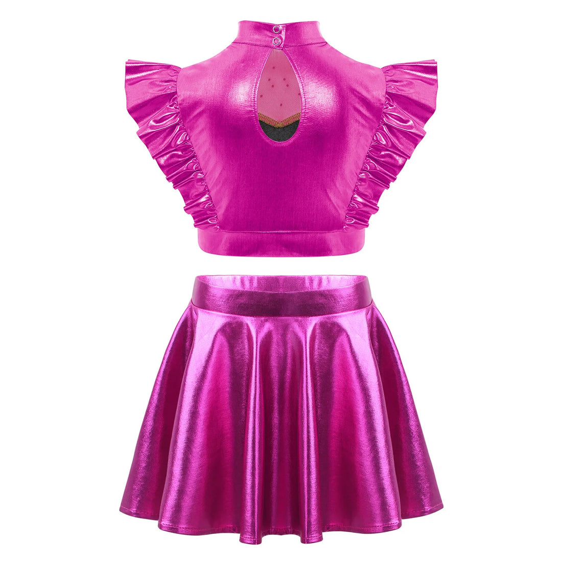 Kids Girls Jazz Hiphop Dance Outfit Cheerleading Stage Performance Costume One Shoulder Metallic Shiny Crop Tops+Mini Skirt Suit