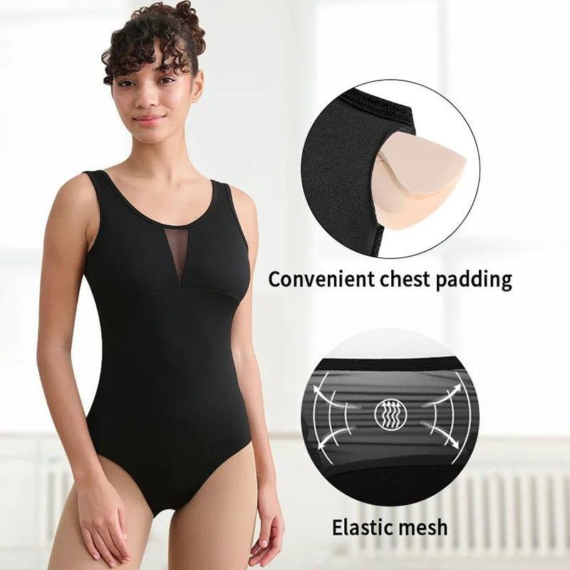 Women's Sleeveless Mesh Splicing Ballet Dance Leotard for Adult  Dance Tank Tops with Soft Lining Short Sleeve Ballet Clothes