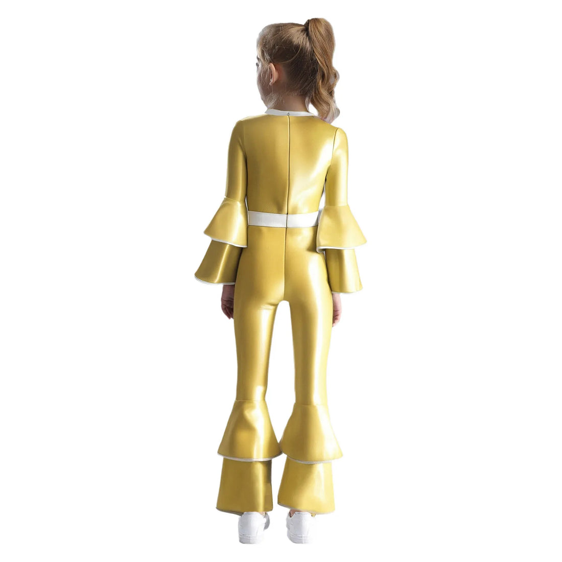 Girls Shiny Metallic 70s 80s Disco Dance Costume Long Sleeves High Waist Tiered Flared Jumpsuit for Party Jazz Dance Performance