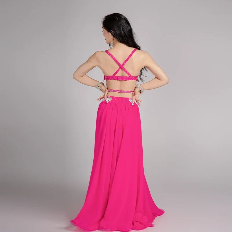 Belly Dancing Clothing for Women Customized AB Stones Tassel Bra+Sexy Chiffon Long Skirt 2pcs Belly Dancer Performance Outfit