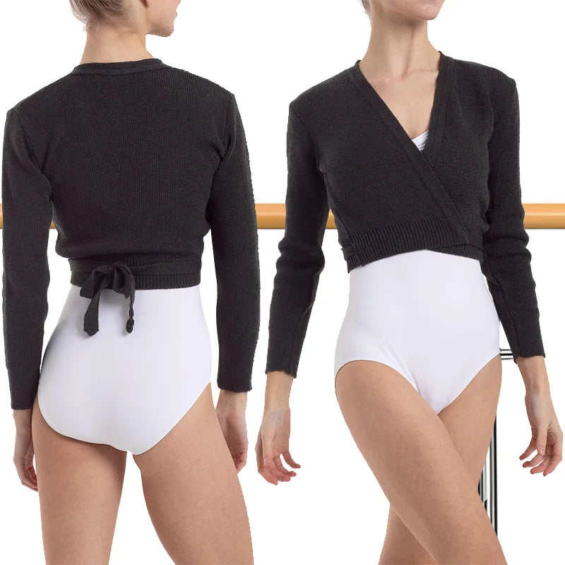 Women's Long Sleeve V-neck Ballet Dance Leotards for kid and adult Gymnastic Dance Wrap Sweater with Waist Strap Dance Sweater