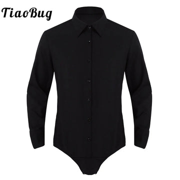 Mens Long Sleeve One-piece Dance Shirt Turn-down Collar Button Down Latin Modern Dance Bodysuit Shirt Tops Dance Costumes