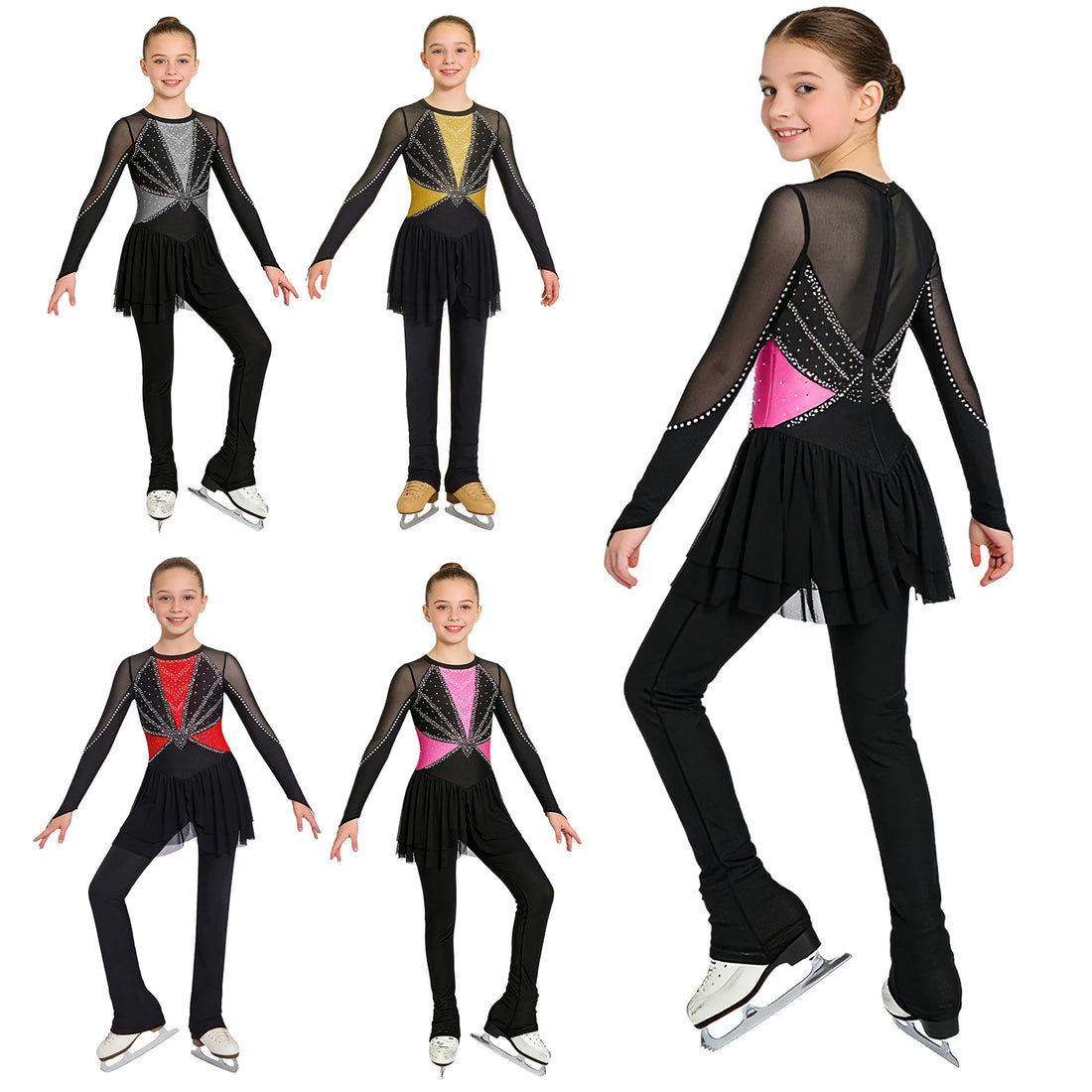 Long Sleeve Finger Holes Rhythmic Gymnastics Bodysuit Ballet Dance Costume Kids Girls Figure Skating Tights Performance Jumpsuit