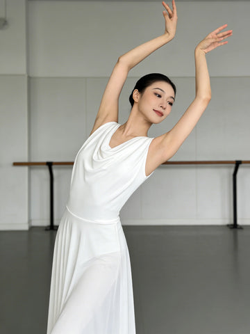Adult Women Lyrical Dance Costume Modern Contemporary Dancewear V-Neck Backless Mesh Tulle Flowy Overlay Dress Stage Performance