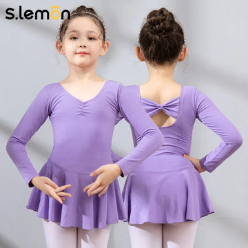 S.lemon Kids Ballet Leotard Dress Back Bow Design Girls' Dance Practice & Performance Outfit Chinese Dance One-Piece Dance Suit