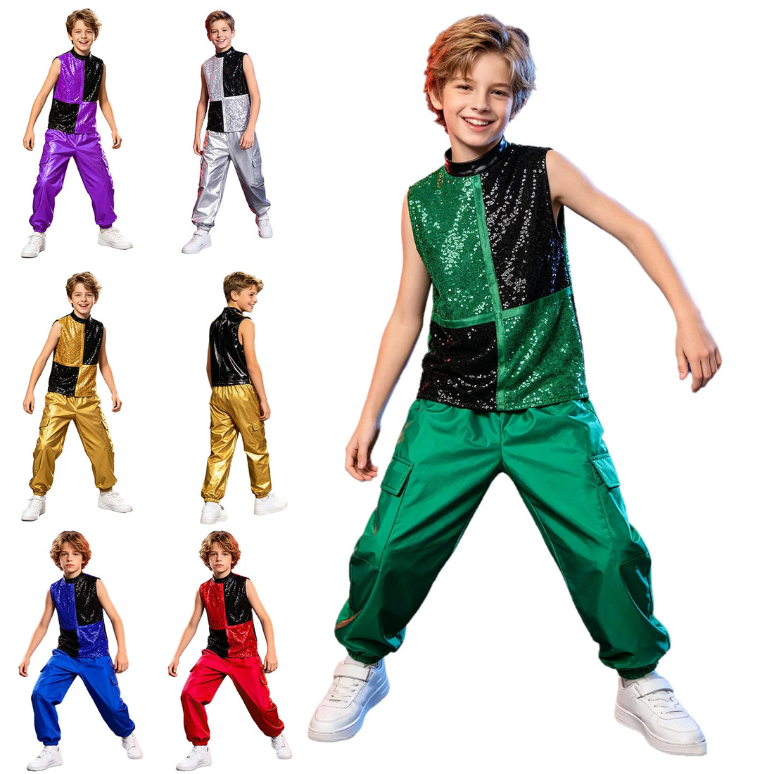 Kids Boys Metallic Jazz Dance Costume Mock Neck Sleeveless Back Invisible Zipper Shiny Sequins Color Block Top with Cargo Pants