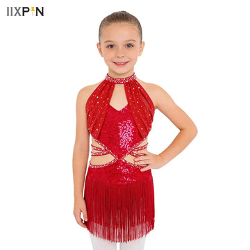 Kids Girls Figure Skating Ballet Cha-cha Samba Rumba Tango Latin Dance Dress Fancy Tassels Bodysuit Gymnastics Jersey Dancewear