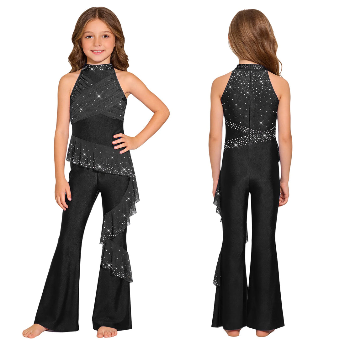 Kids Girl Sleeveless Rhinestone Ballet Dance Leotard Gymnastics Jumpsuit Full Body Suit Figure Ice Skating Dancewear Bell-Bottom