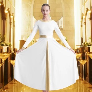 Women's Long Sleeve Loose Fit Full Length Praise Moden Dance Dress for Adult Worship Liturgical Metallic Costume Dance Dress