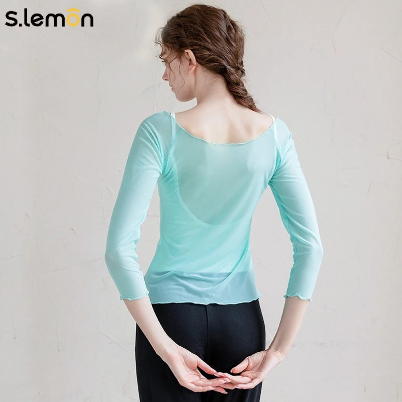 S.lemon 2025 New Women Breathable Mesh Dance Top Long Sleeve Cool Chinese Modern Body Shaping Wear