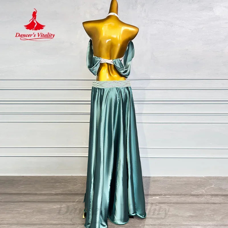 BellyDance Performance Costume Set Customization AB Stones Tassel Bra+senior Satin Long Skirt 2pcs Women Oriental Dance Clothing