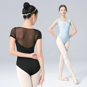 Black Ballet Leotard for Women Short Sleeve Dance Bodysuit Soft Mesh Splicing Gymnastic Outfits Breathable Ballerina Wear