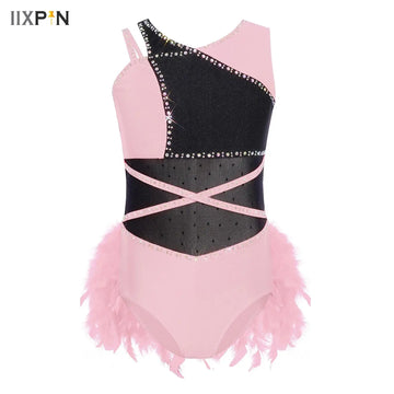 Kids Girls Jazz Fringed Jumpsuit Sparkly Rhinestone Cha-cha Latin Dance Costume Sleeveless Rumba Tango Feather Leotard Dancewear