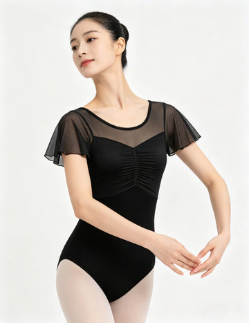 Women's Classics Ruffle Sleeve Ballet Dance Leotard  Adult Gymnastics Dance Tops Mesh Hollow Back Dancewear