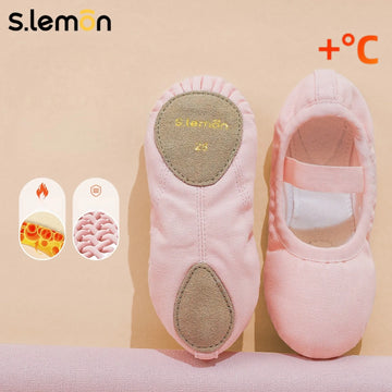 S.lemon Kids Girls Ballet Shoes Winter Fleece Lined Pink Canvas Cow Suede Soft Sole for Chinese Dance Practice