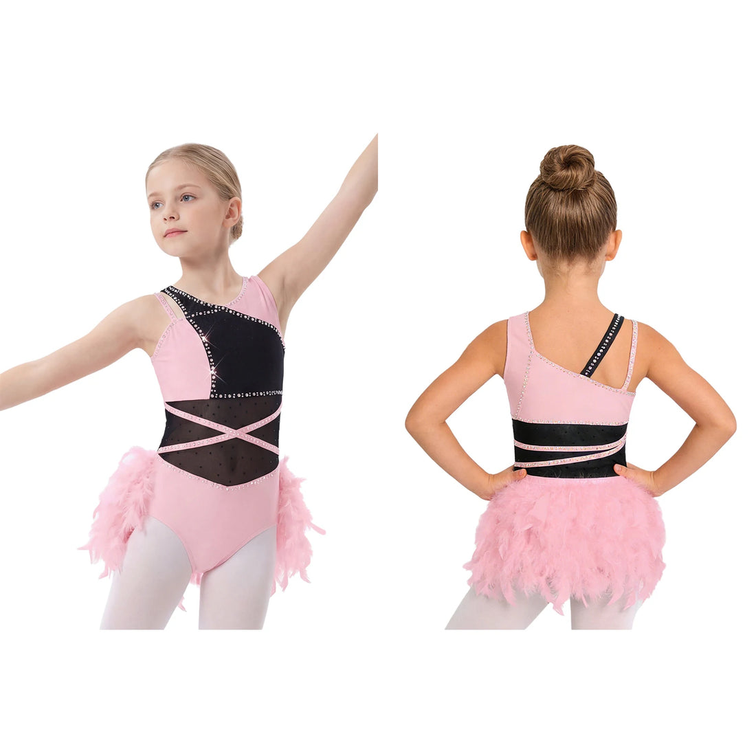 Kids Girls Jazz Fringed Jumpsuit Sparkly Rhinestone Cha-cha Latin Dance Costume Sleeveless Rumba Tango Feather Leotard Dancewear