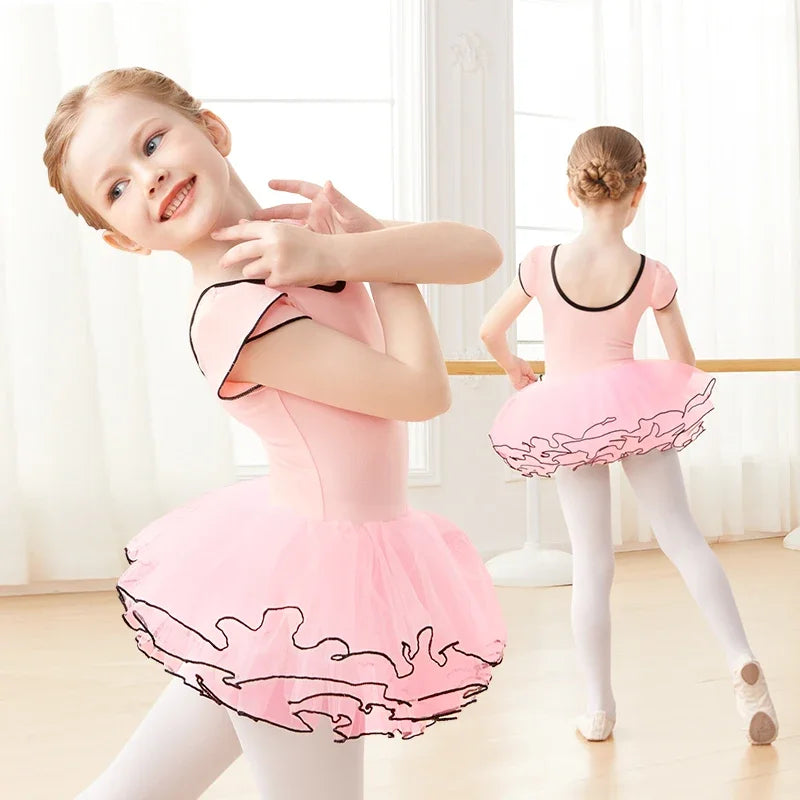 Girls Pink Ballet Leotards Dress Short Sleeve Dance Bodysuit Swimwear for Toddler Girls Tutu Skirts Ballerina Party Wear