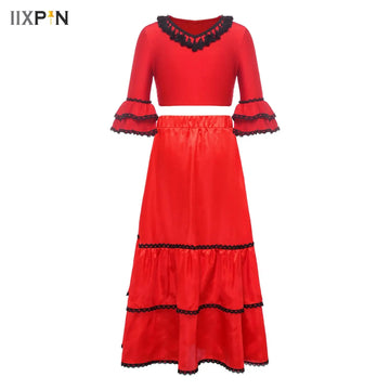 Kids Girls Spanish Flamenco Bullfight Dance Dress Crop Top with Gypsy Long Skirts Dancer Latin Tango Belly Dancewear Costume