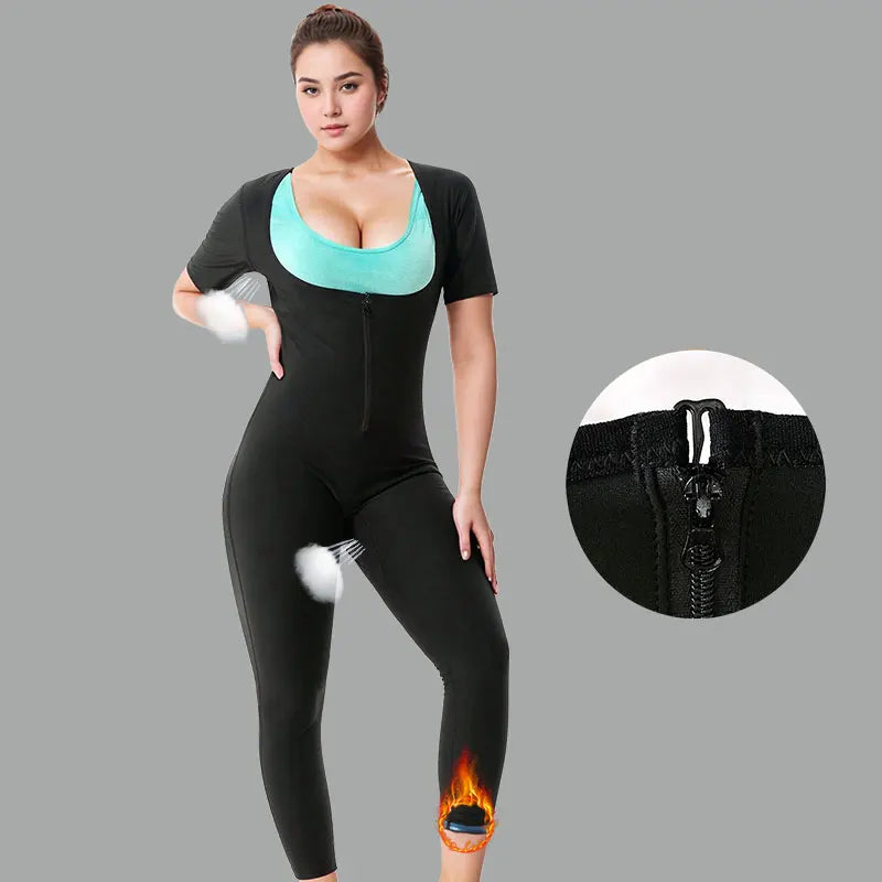 Women's Full Body 3-In-1 Sauna Sweat Suits Short Sleeve Pants Slimming Jumpsuits Weight Loss Slimming Shaper Waist Trainer