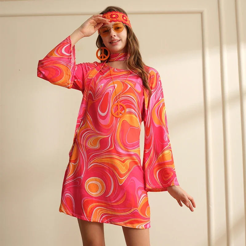 7 Piece Disco Outfit Hippie Costume Women Retro Style Clothes Dress Peace Sign Accessories Jewelry Halloween