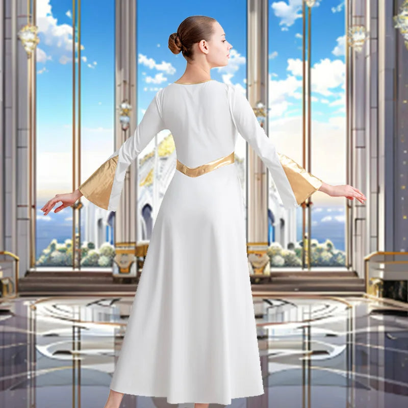 Women's Long Sleeve Loose Fit Full Length Praise Moden Dance Dress for Adult Worship Liturgical Metallic Costume Dance Dress