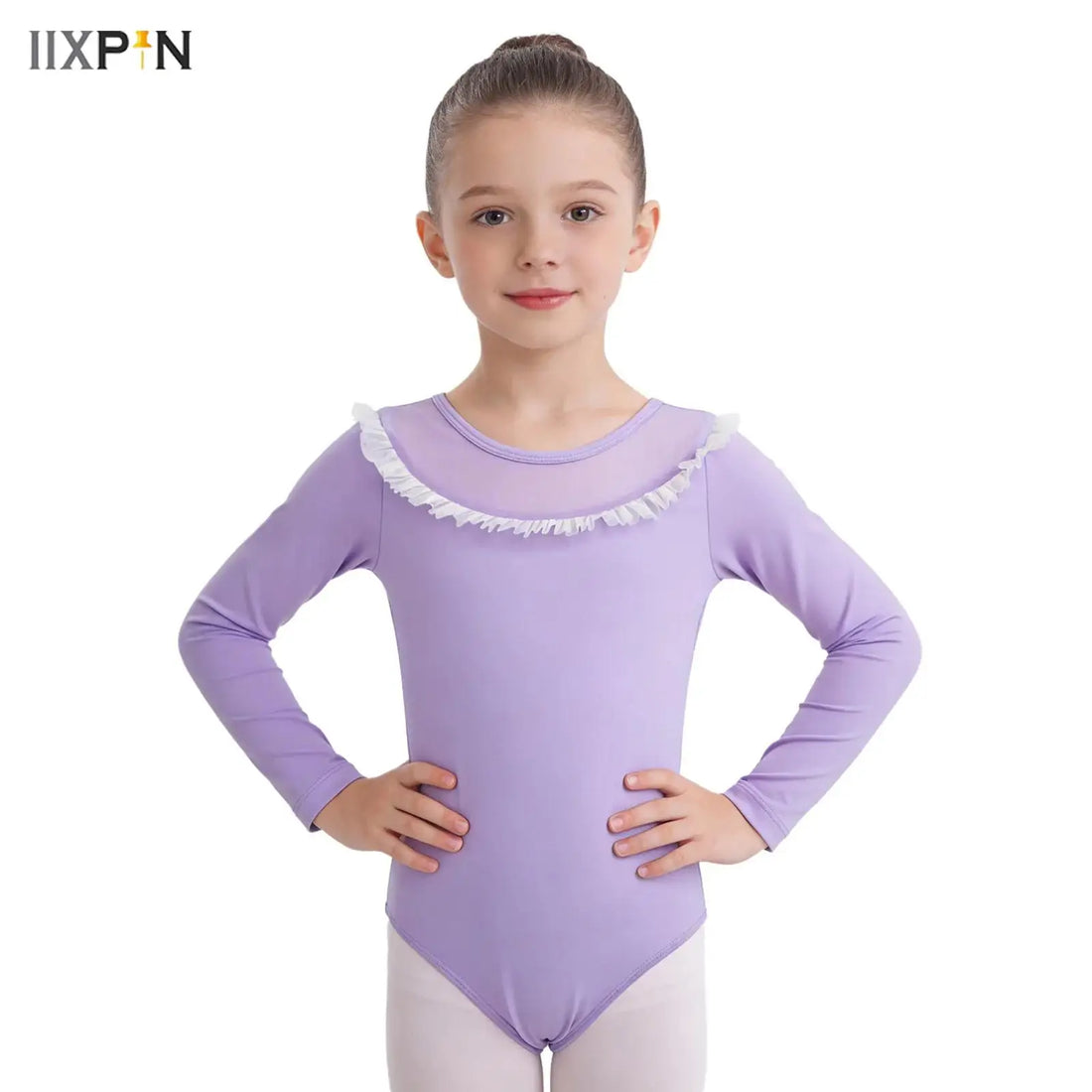 Girls Tulle Frilly Ballet Dance Leotard Kids Sheer Mesh Patchwork Long Sleeve Bodysuit for Gymnastics Practice Figure Skating