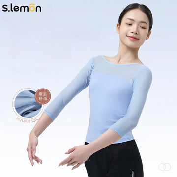 Women's Ballet Top – Fitted 3/4 Sleeve Mesh Panel Dance Shirt for Adult Ballet, Modern & Chinese Dance Practice
