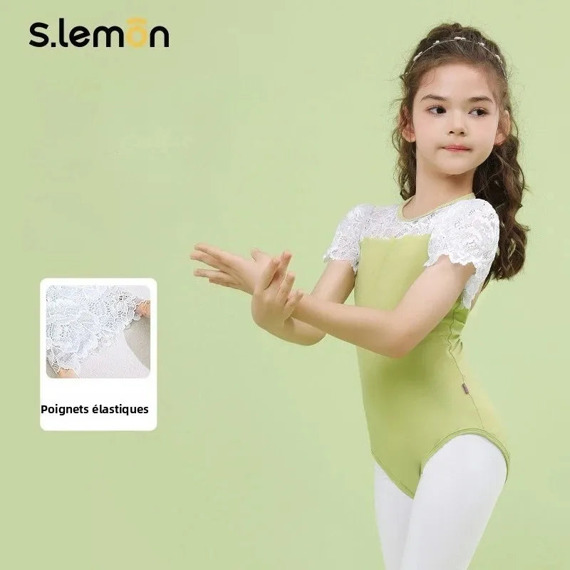 Kids Ballet Leotard Nylon Spandex - Summer Short Sleeve Puff Sleeve Lace Panel Kids Chinese Dance Gymnastics Bodysuit