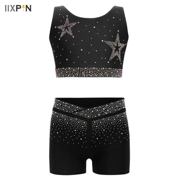 Summer Rhinestones Gymnastics Dance Costume for Kids Girls' Fashion 2-piece Set Cropped Vest with V-Front Shorts for Practice