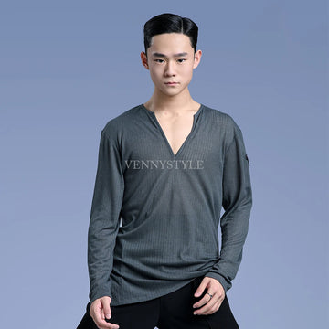 Vennystyle Latin dance men dance top Long sleeve V-neck top dance training dress national standard dance performance
