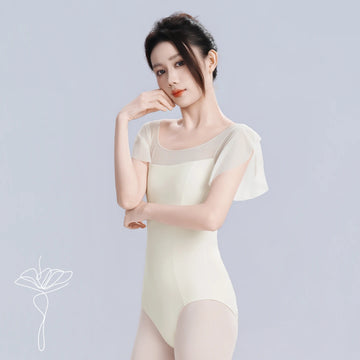 Woman Ballet Leotards Fluttler Short Sleeves Leotards Mesh Splice Ballet Bodysuit Adult Gymnastics Ballerina Leotard Swimwear