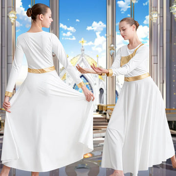 Women's Praise Dance Dress Long Sleeve Loose Fit Church Dancewear Metallic Full Length Liturgical Worship Costume Dance Dress