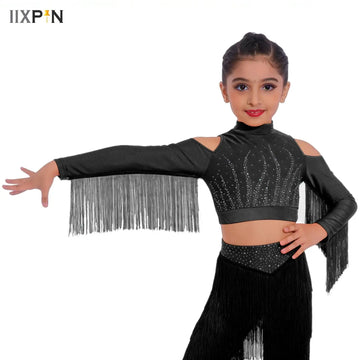 Kids Girls Figure Skating Gymnastics Dance T Shirts Cold Shoulder Sparkling Rhinestones Crop Top Tassel Latin Dancewear