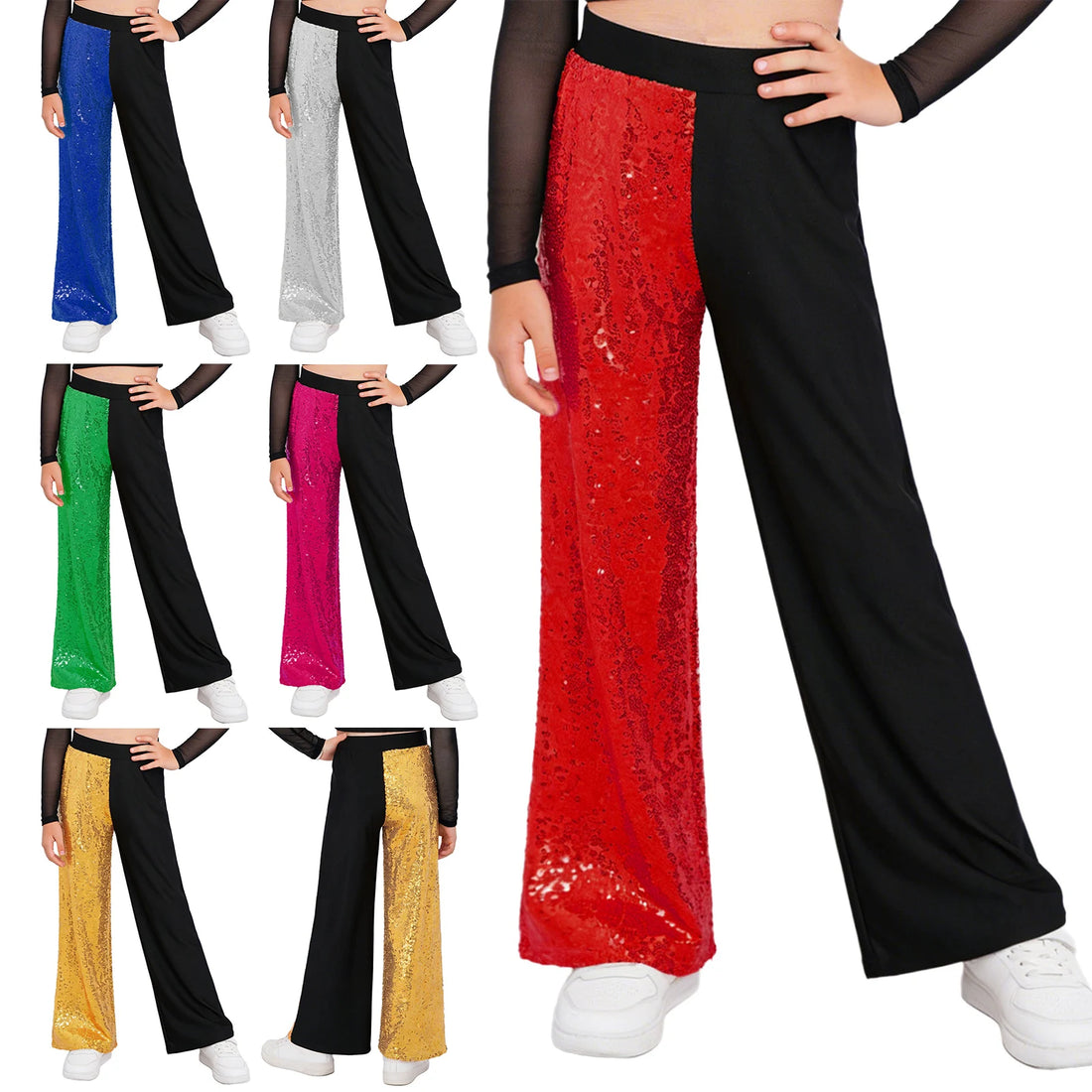 Kids Girls Lyrical Modern Dance Performance Pants Sequins Patchwork Ballroom Dance Worship Praise Wide-Leg Mesh Trousers Costume