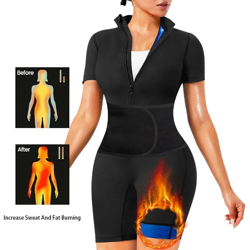 3-In-1 Full Body Jumpsuit Sauna Sweat Suit For Women Weight Loss Mock Neck Short Sleeve Shorts Workout Sweat Shirt Body Shaper