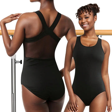 Women's Sleeveless Camisole Ballet Dance Leotards for Adult Gymnastics Dance Tank Tops with Hollow Back and Mesh Splicing
