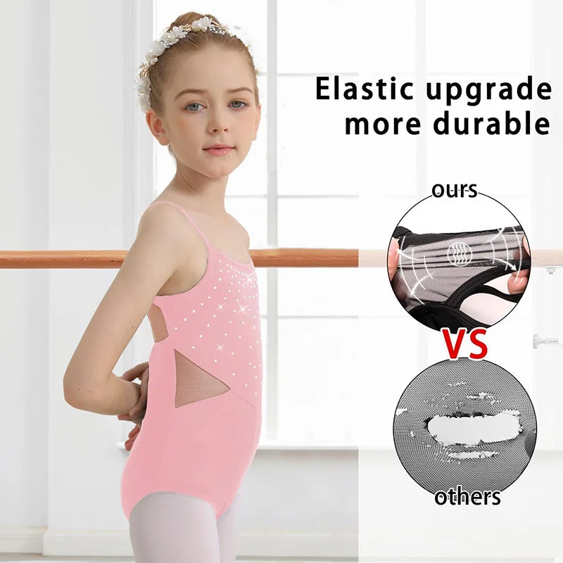 Girls Ballet Camisole Leotard for girl Gymnastic Dance Soft Chest Lining with Mesh Waist Back and Shiny Front Hot drill Pattern