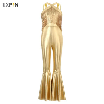 Girls 70S Disco Jumpsuit Metallic Shiny Sequins Tassels Bodysuit Vintage Hippie Bell Bottom Jazz Dance Rave Party Romper Costume