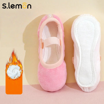 Girls Ballet Folk Dance Shoes-Double-layer Velvet Cow Suede Soft Sole Winter Warm Fleece Lined Practice Shoes for Kids Toddler
