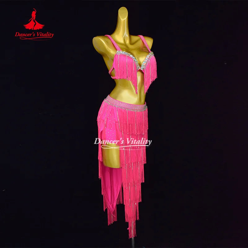 Belly Dance Performance Outfit Senior AB Stones Bra+Sexy Tassel Split Skirt 2pcs Oriental Belly Dancing Competition Clothing