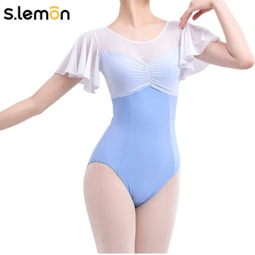 Women Ballet Leotard Ruffled Sleeve Printed - Padded Bra Dance Exam Gymnastics Leotards Bodysuit for Girls