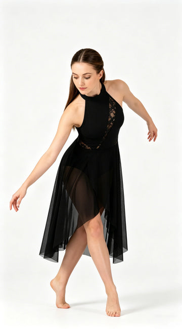 Lyrical Dance Costumes for Women Lace Flower Insets Lyrical Dress Flowy Chiffon Leotard Skirt Contemporary Dance Costumes