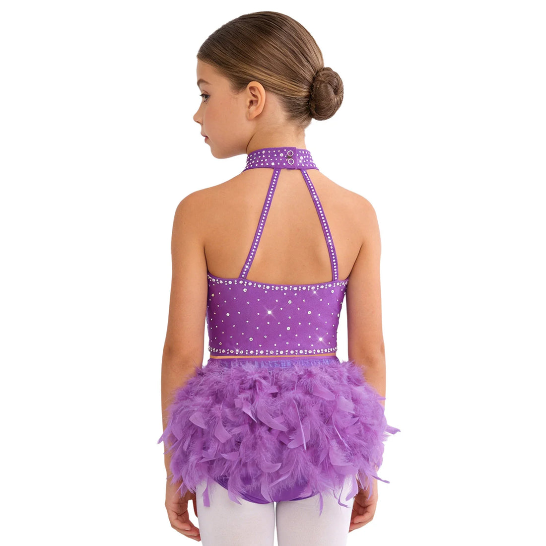 Kids Girls Ballet Lyrical Dance Performance Costumes Sleeveless Rhinestones Crop Top+Feather Brief Bottoms Set for Samba Rumba