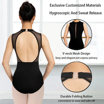 Women Turtleneck Sleeveless Tank Tops Ballet Dance Leotard for Adult Dance Gymnastics with Sexy Front Split Mesh and Hollow Back