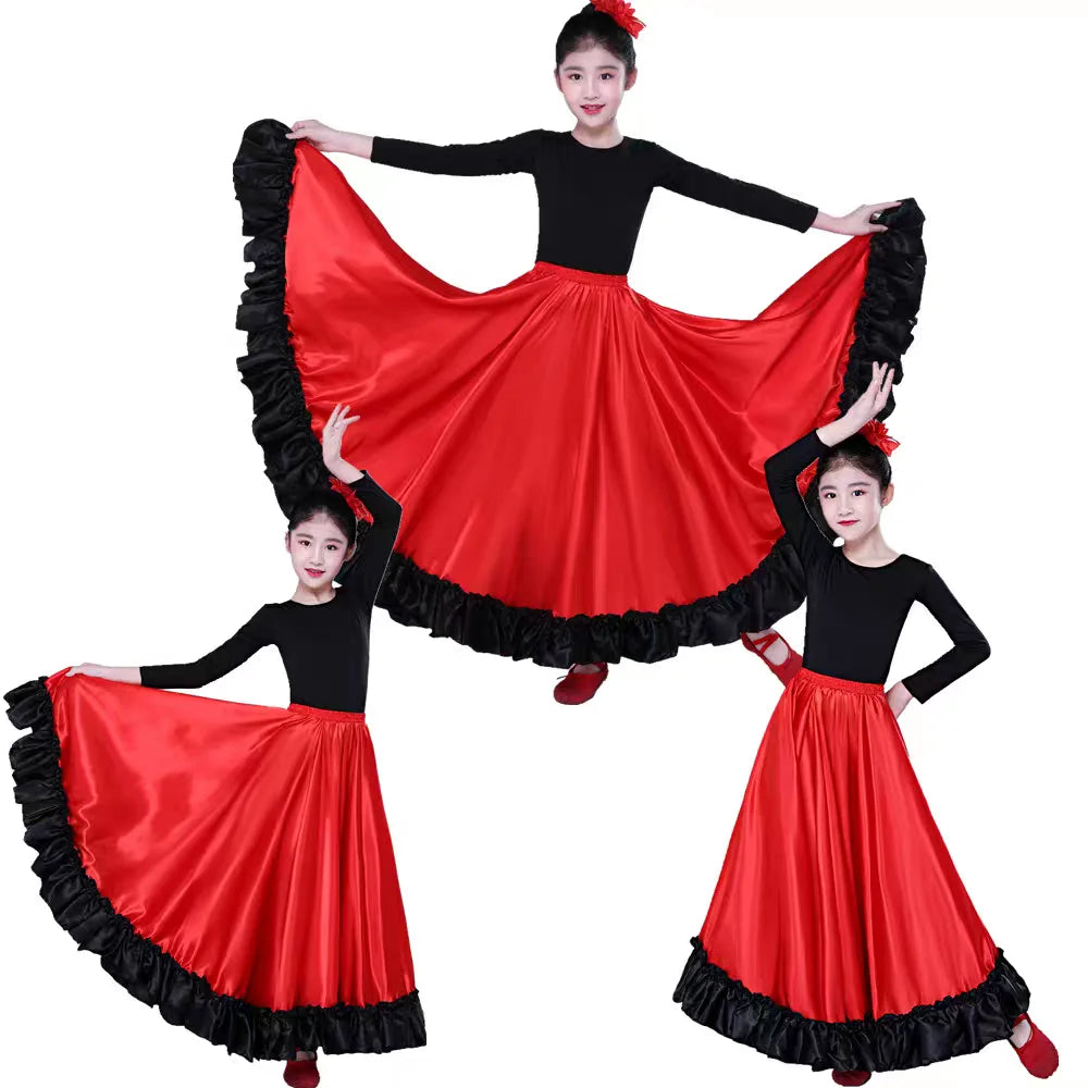 New Children Girl Spain Flamenco Dance Chiffon Skirt for Kids Stage Performance Dancing Skirts 180/360/540/720 Degree Costumes