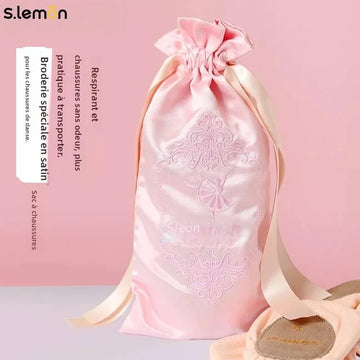 S.Lemon Dance Storage Bag Satin Embroidered Drawstring Large Capacity Portable Dustproof Moisture-Proof Ballet Soft Shoe Bag