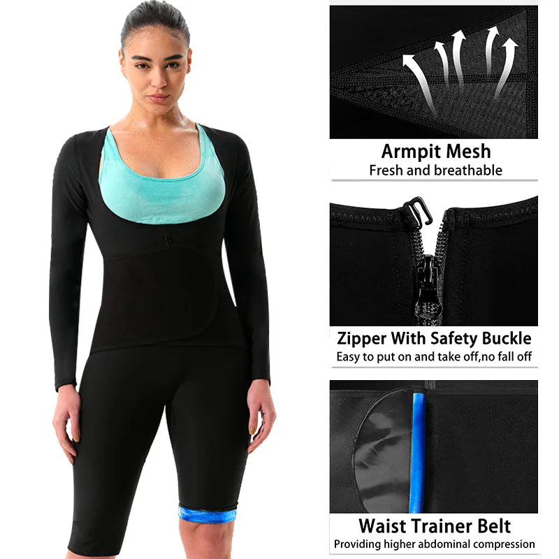Women Sauna Sweat Suits Long Sleeve Shorts for adult Weight Loss Full Body Shaper Compression Sets with Crotch Armpit Breathable