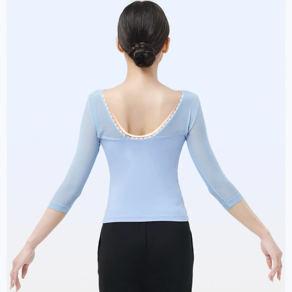 Women's Ballet Top – Fitted 3/4 Sleeve Mesh Panel Dance Shirt for Adult Ballet, Modern & Chinese Dance Practice