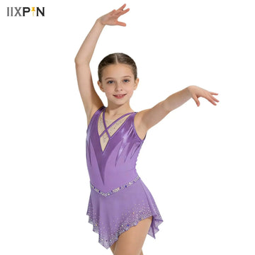 Kids Girls Ballet Dancewear Rhythmic Gymnastics Leotard Dress Rhinestones Figure Skating Rumba Latin Dance Cha-Cha Performance