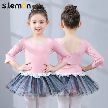S.lemon Kids Ballet Leotard Skirt 3/4 Princess Sleeve Mesh Lace Romper Dancewear Toddler Dance Dress Bodycon for Girls